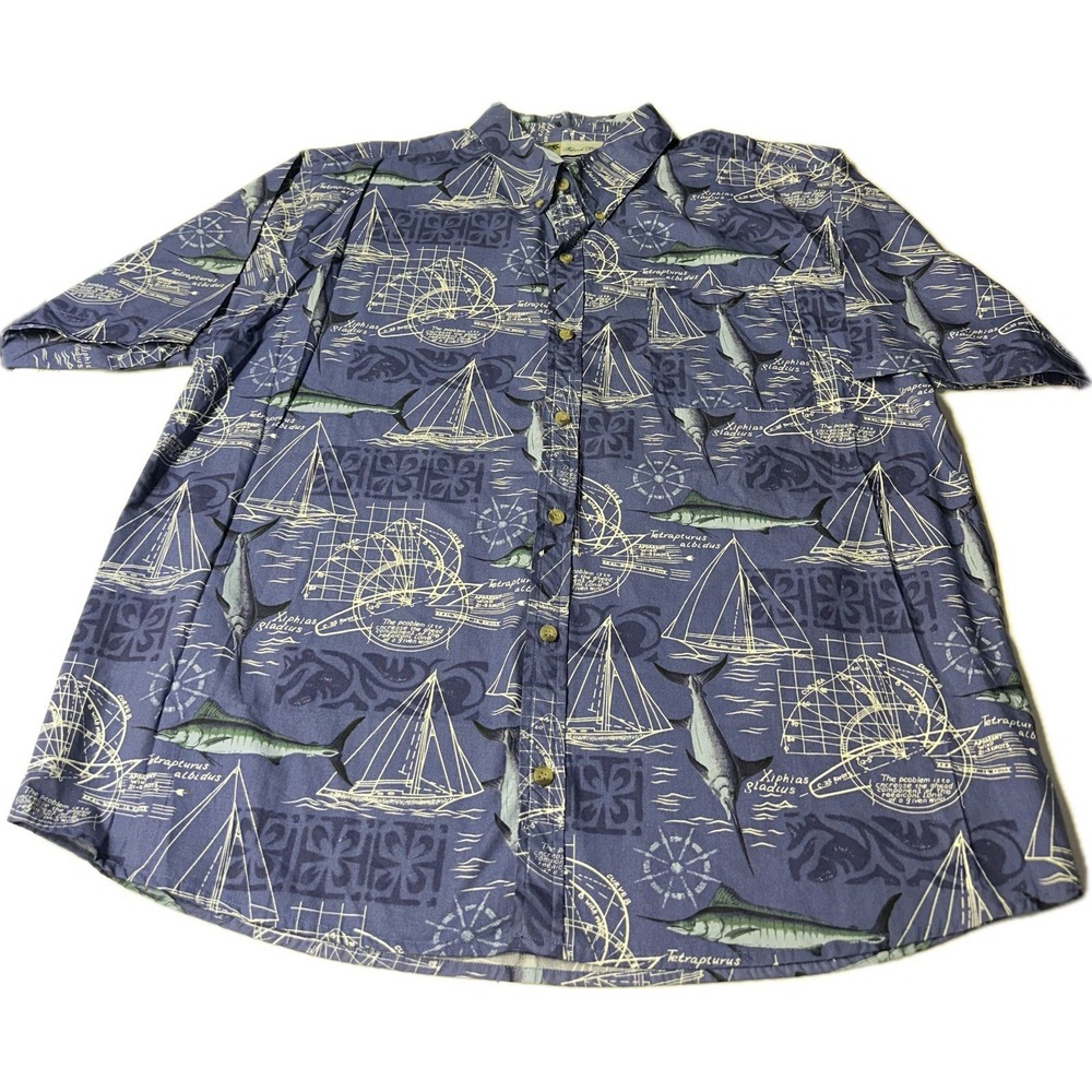 Island Blue Hawaiian Shirt Mens 2XL Large Short Sleeve‎ Cotton Rayon Blend
